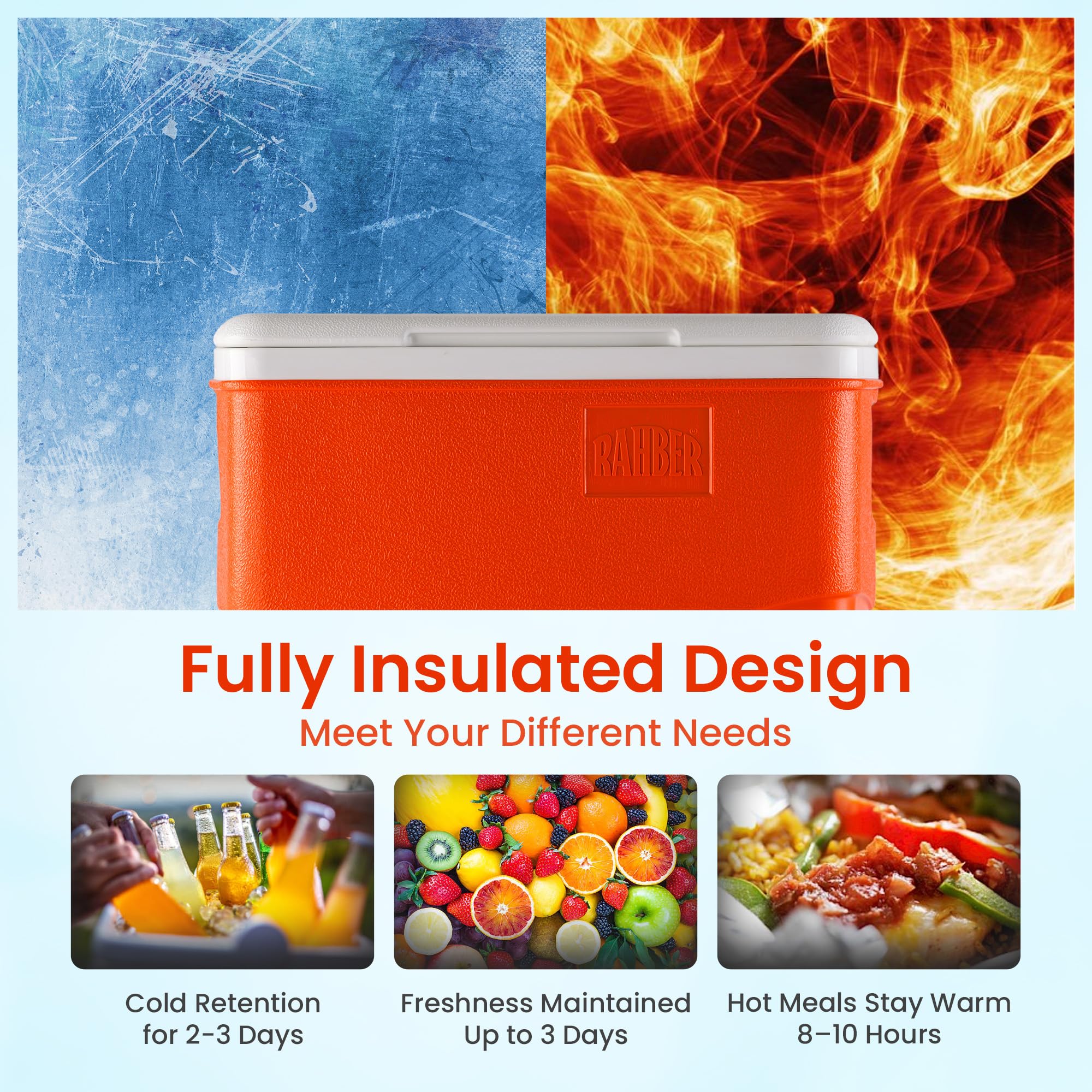 RAHBER Ice Cooler 31.7 Qt lid open enables quick access for picnics and beach days.