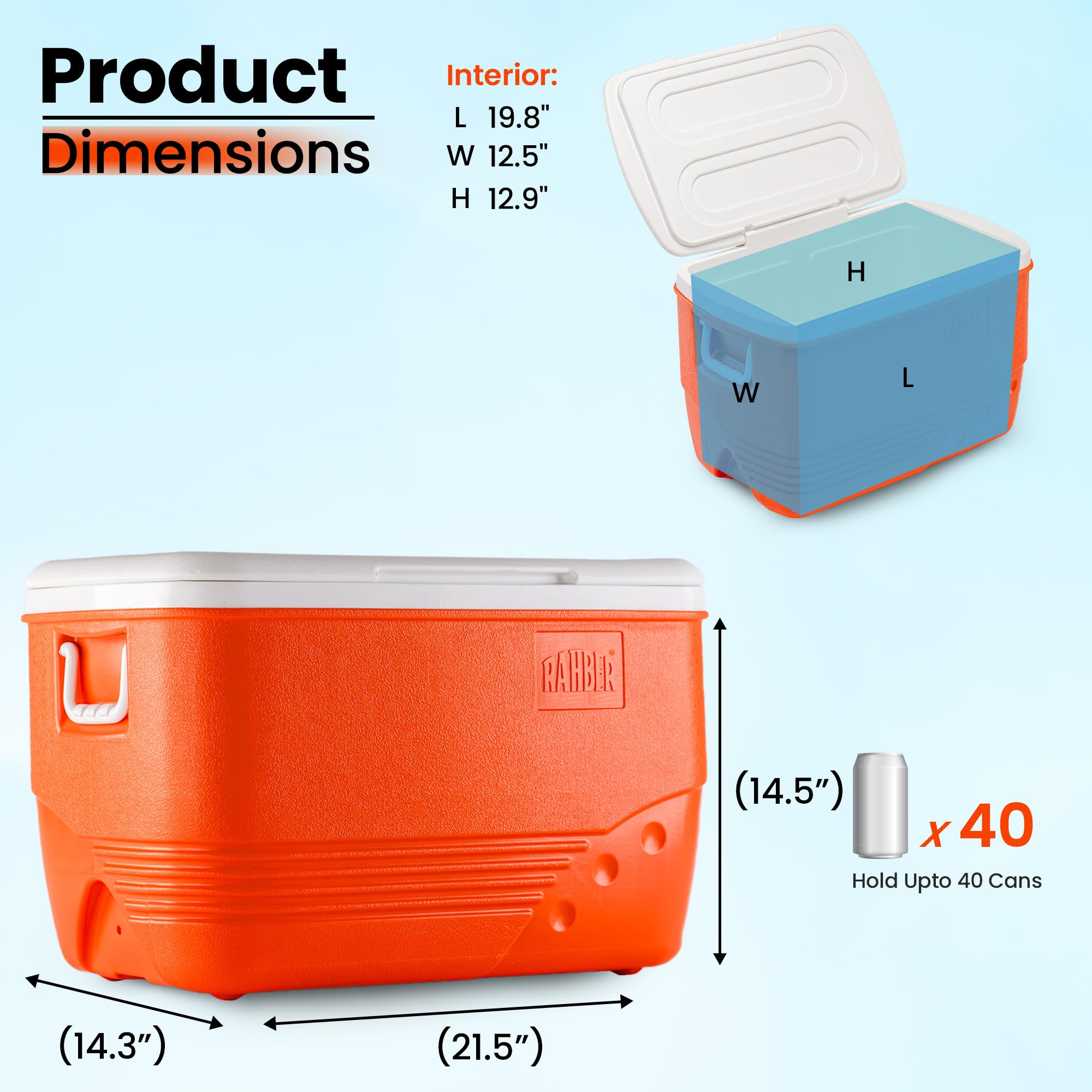 Rahber Large Cooler 44qt leakproof build reduces spills on trips