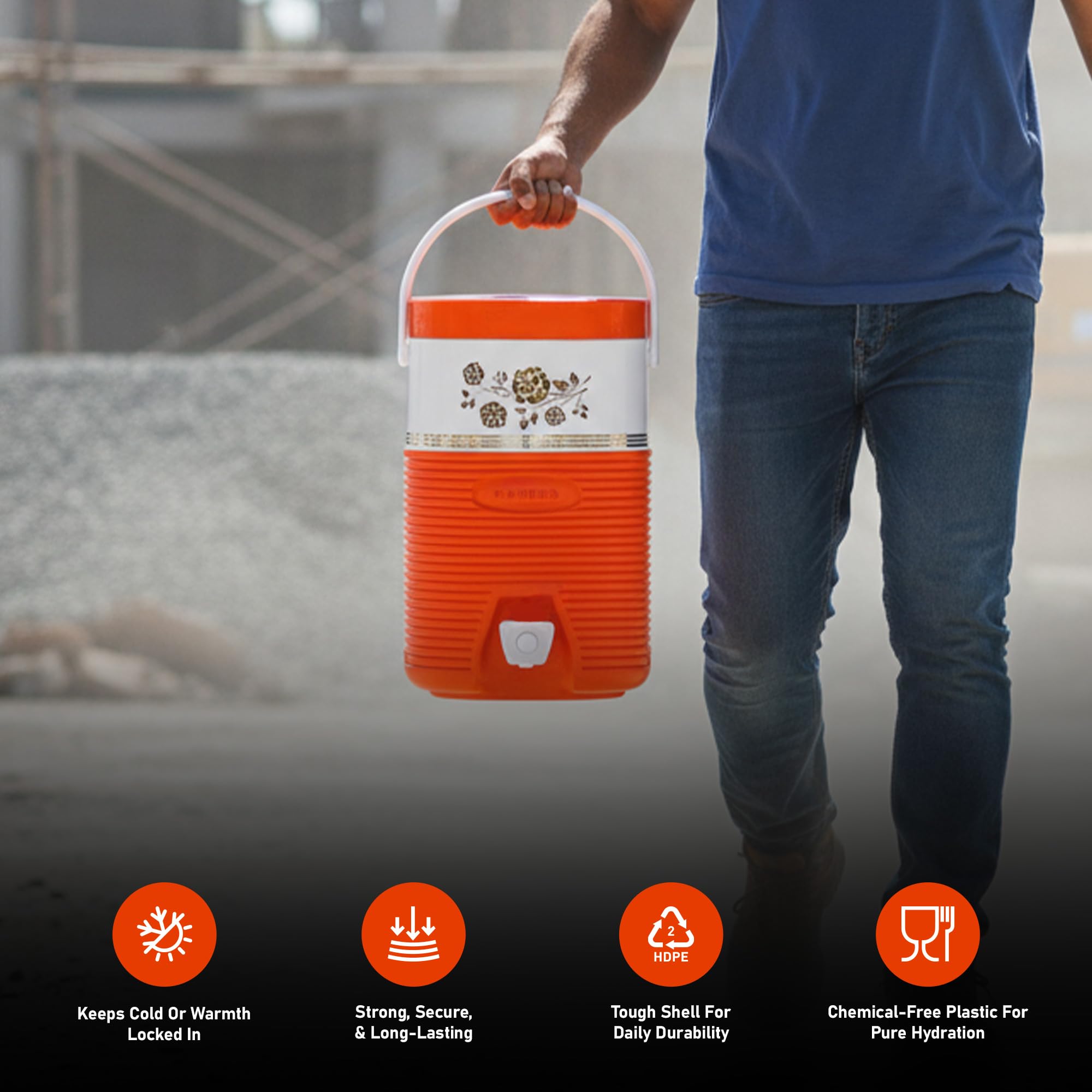 RAHBER orange water cooler flip lid for visibility at events.
