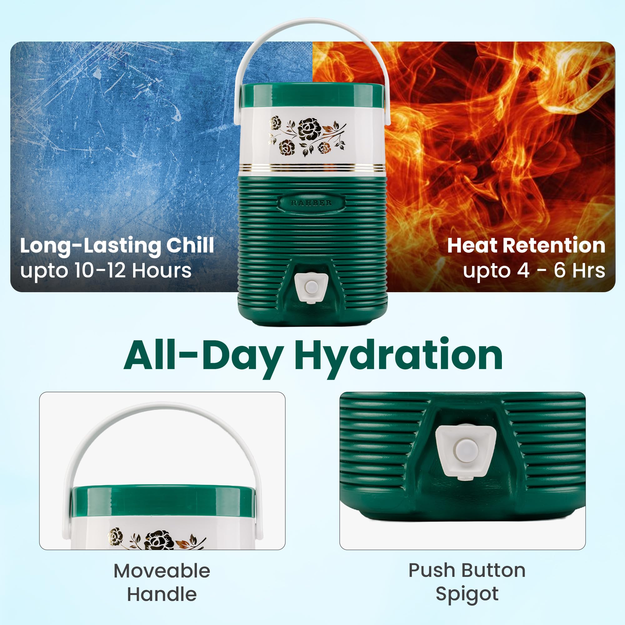RAHBER cooler shows easy-pour spout for spill-free serving outdoors.