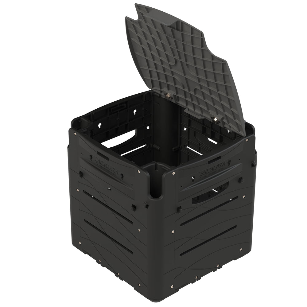 Railblaza Gear Hub Kayak Crate with open lid for quick gear access.
