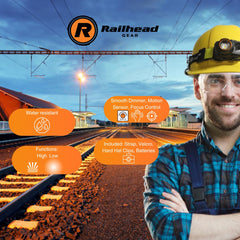 Railhead Gear headlamp offers a 450 ft beam distance for distant work.