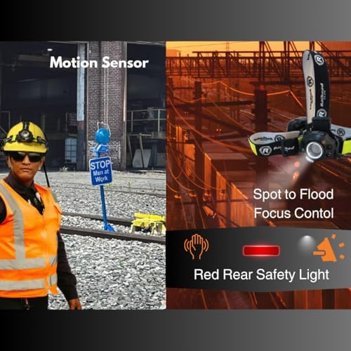 Railhead Gear LED Headlamp red rear light boosts nighttime visibility.