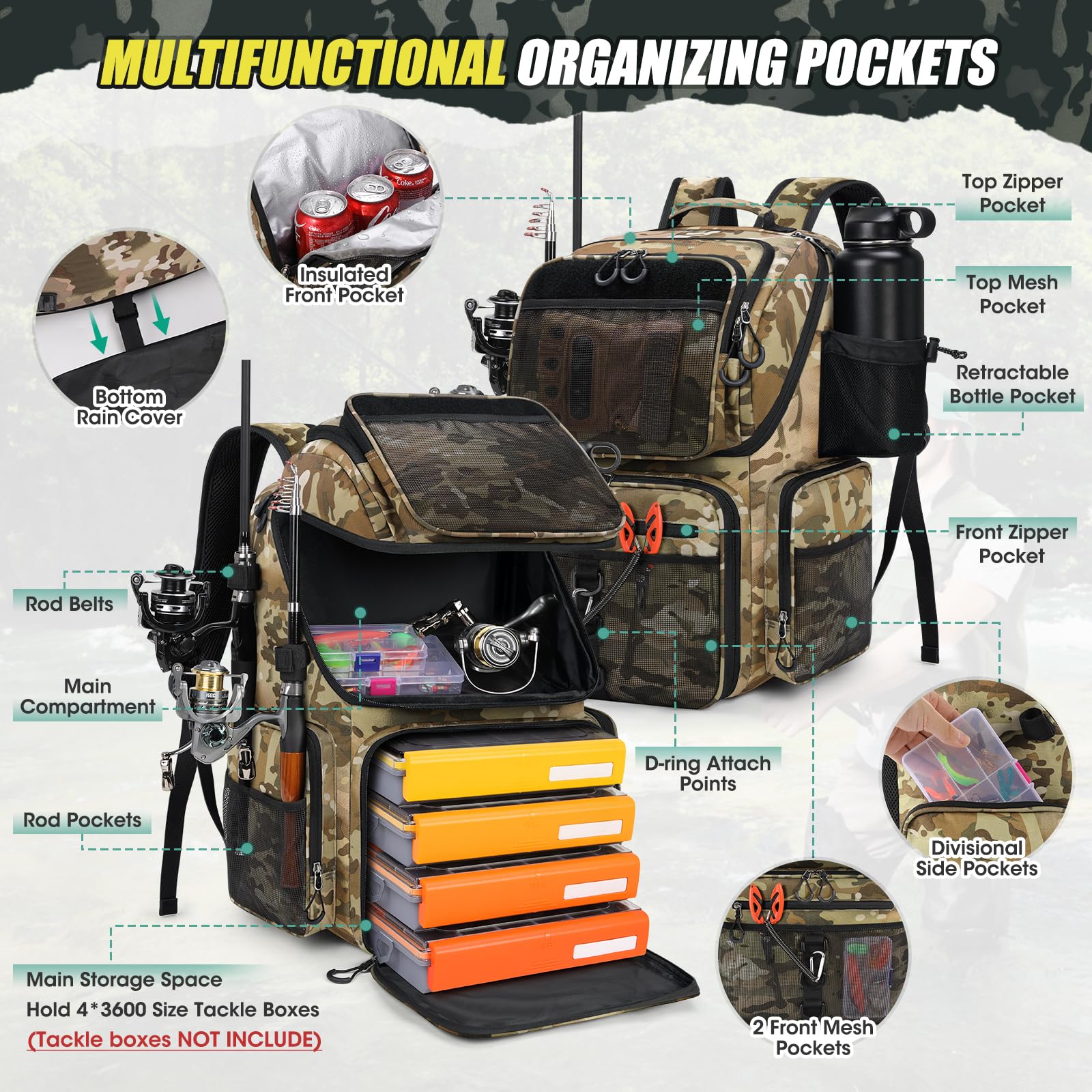 RAINSMORE 45L back with many pockets for organized tackle and tools on-the-go.