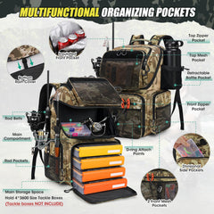 RAINSMORE 45L back with many pockets for organized tackle and tools on-the-go.