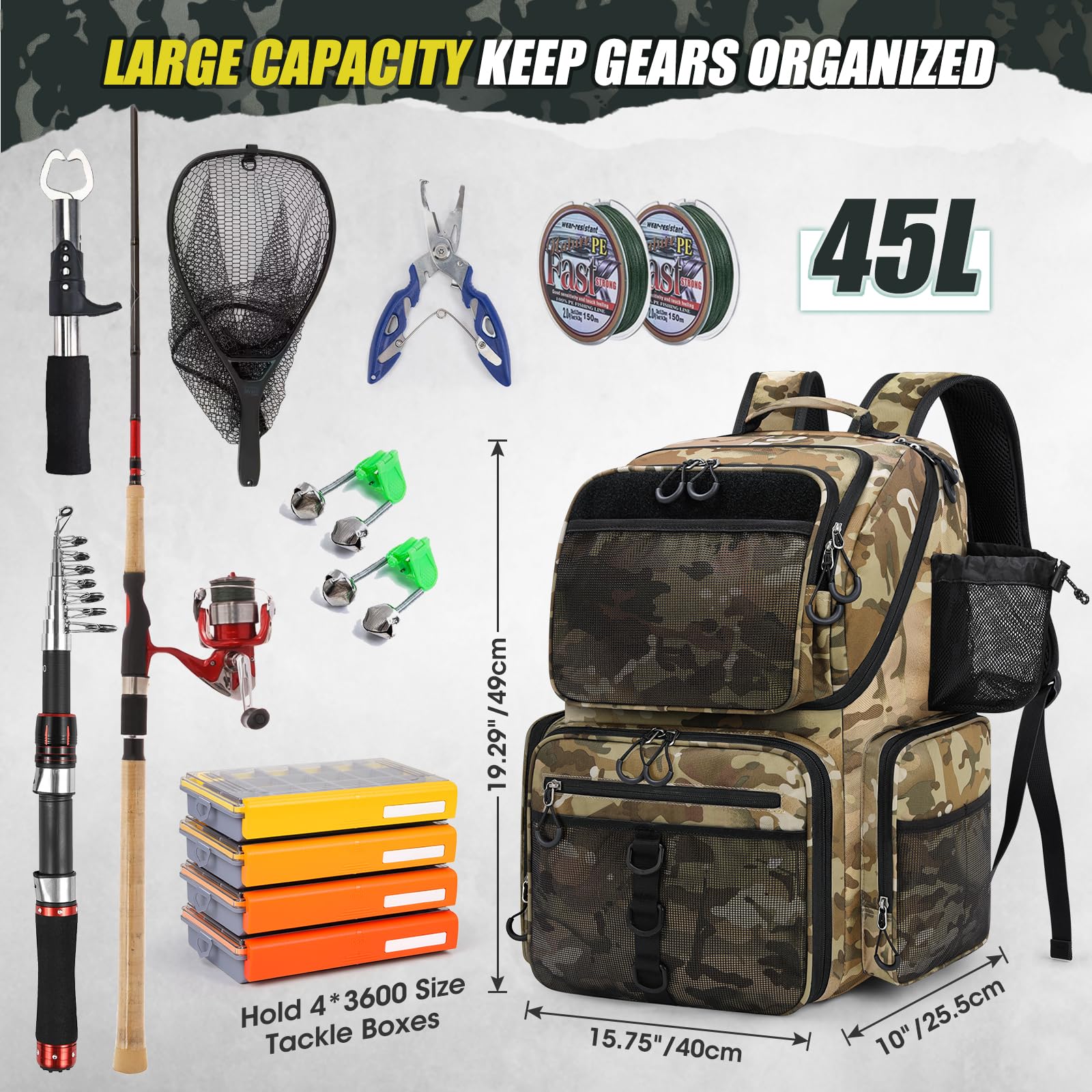 RAINSMORE 45L backpack with waterproof rain cover shown on a wet day for rain protection.
