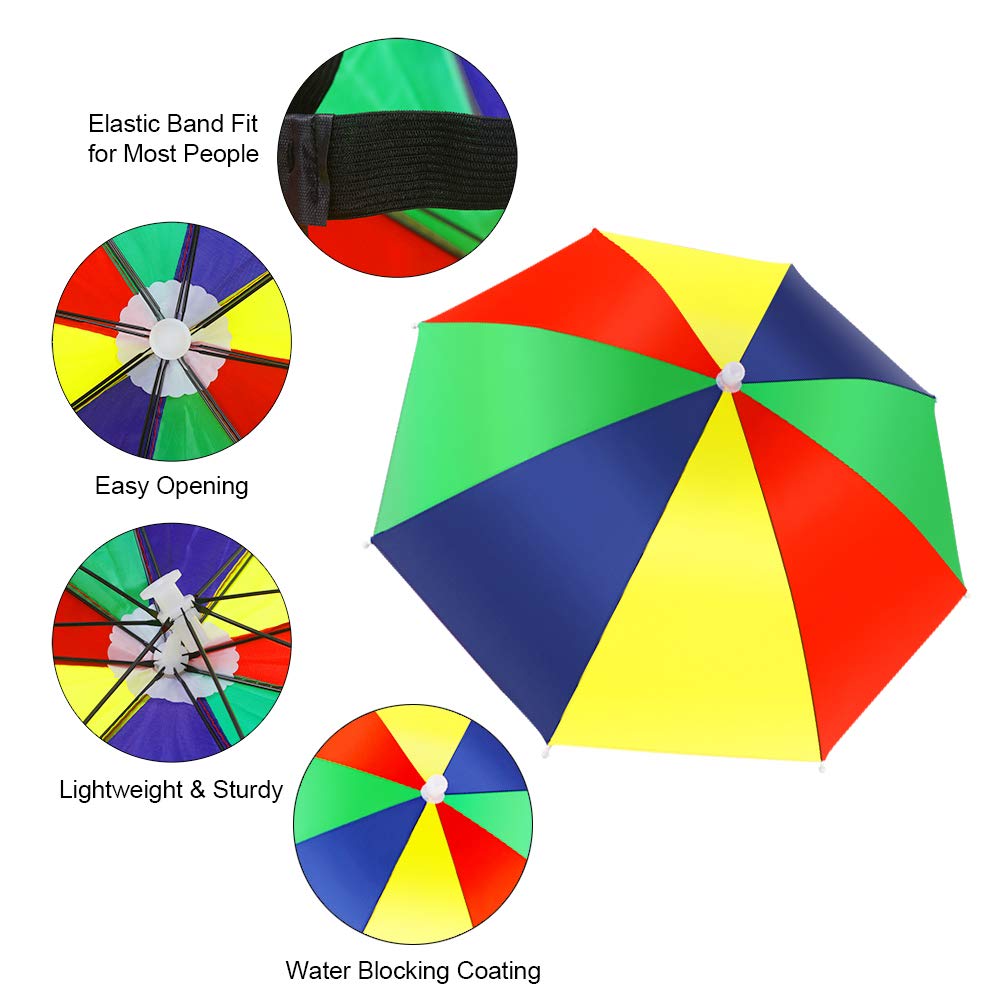 Child wearing rainbow umbrella hat outdoors