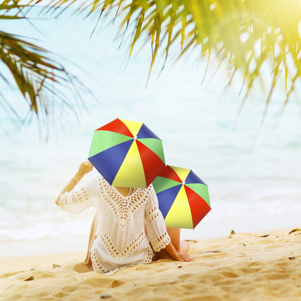 Rainbow umbrella hats in use for gardening or beach