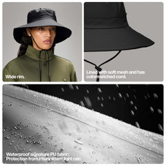 RAINS Boonie Hat shows waterproof PU fabric protecting against rain