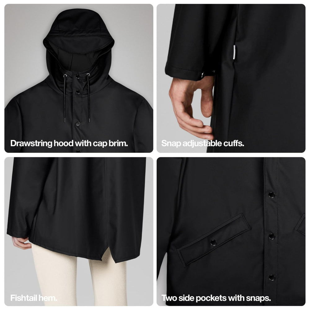 RAINS jacket fishtail-hem: modern silhouette with extended coverage in windy days