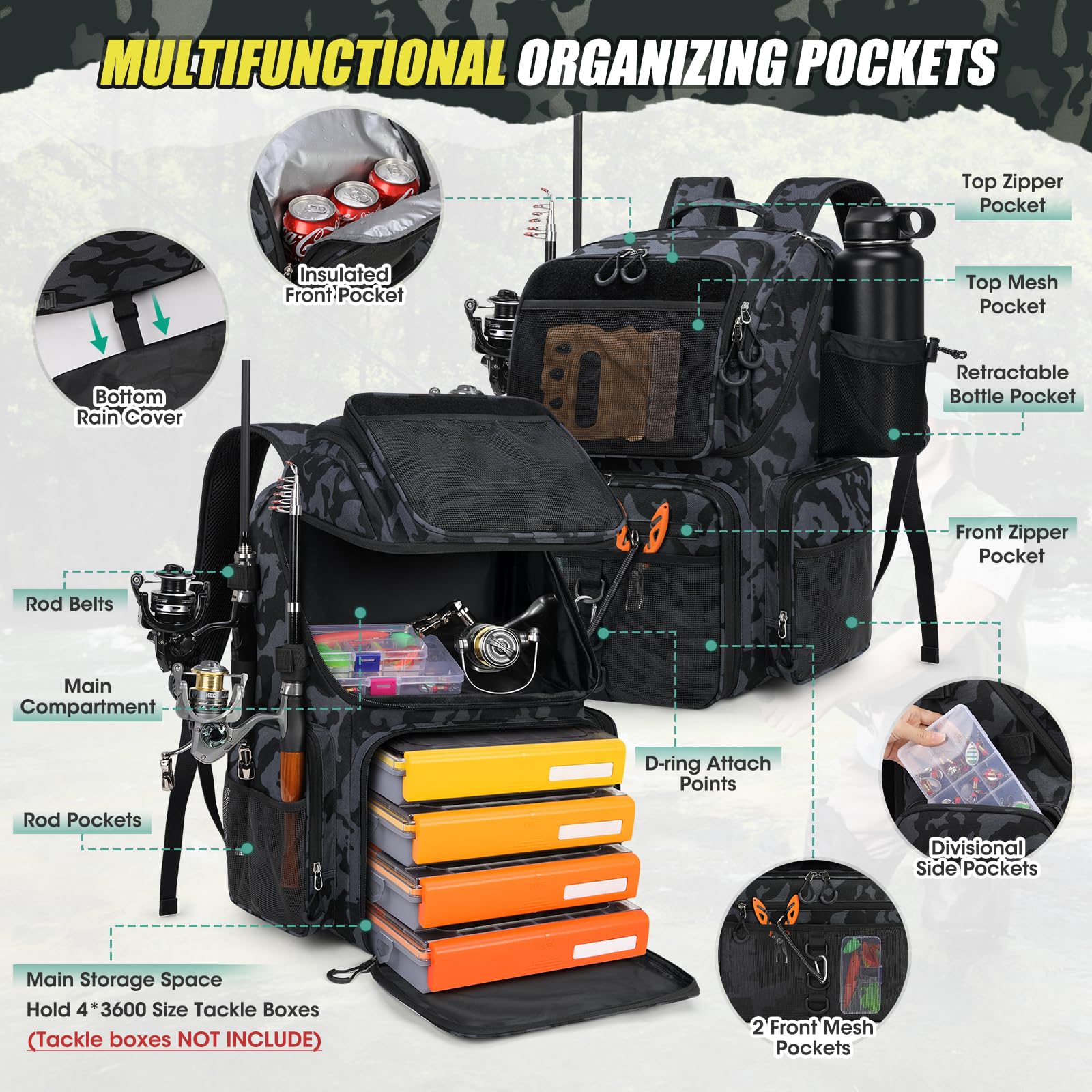 Back view highlighting ergonomic padding and breathable mesh on RAINSMORE 45L backpack