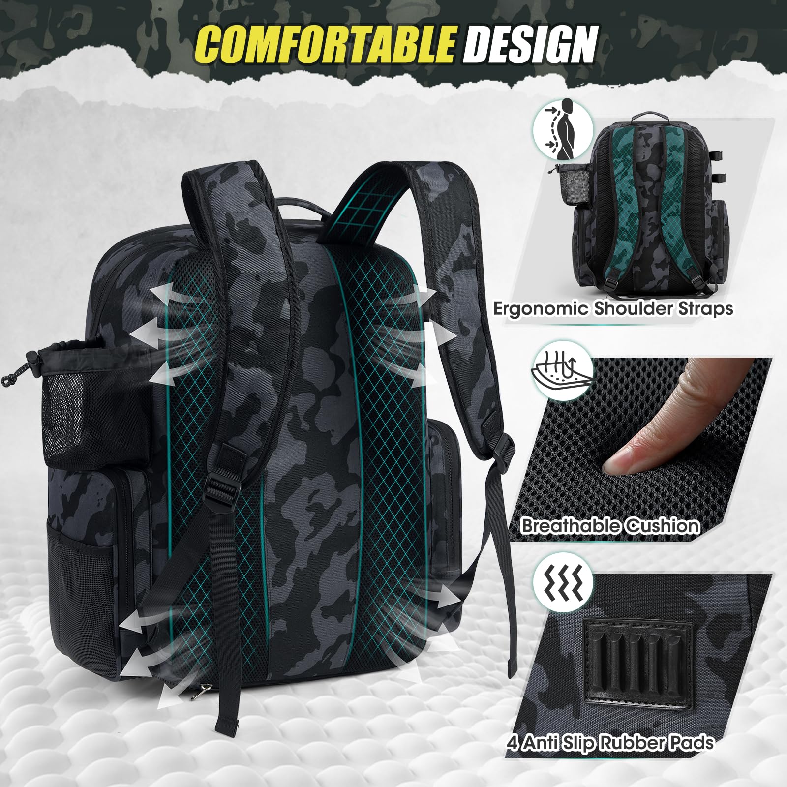 Interior 45L main compartment with movable padded partition and multiple pockets