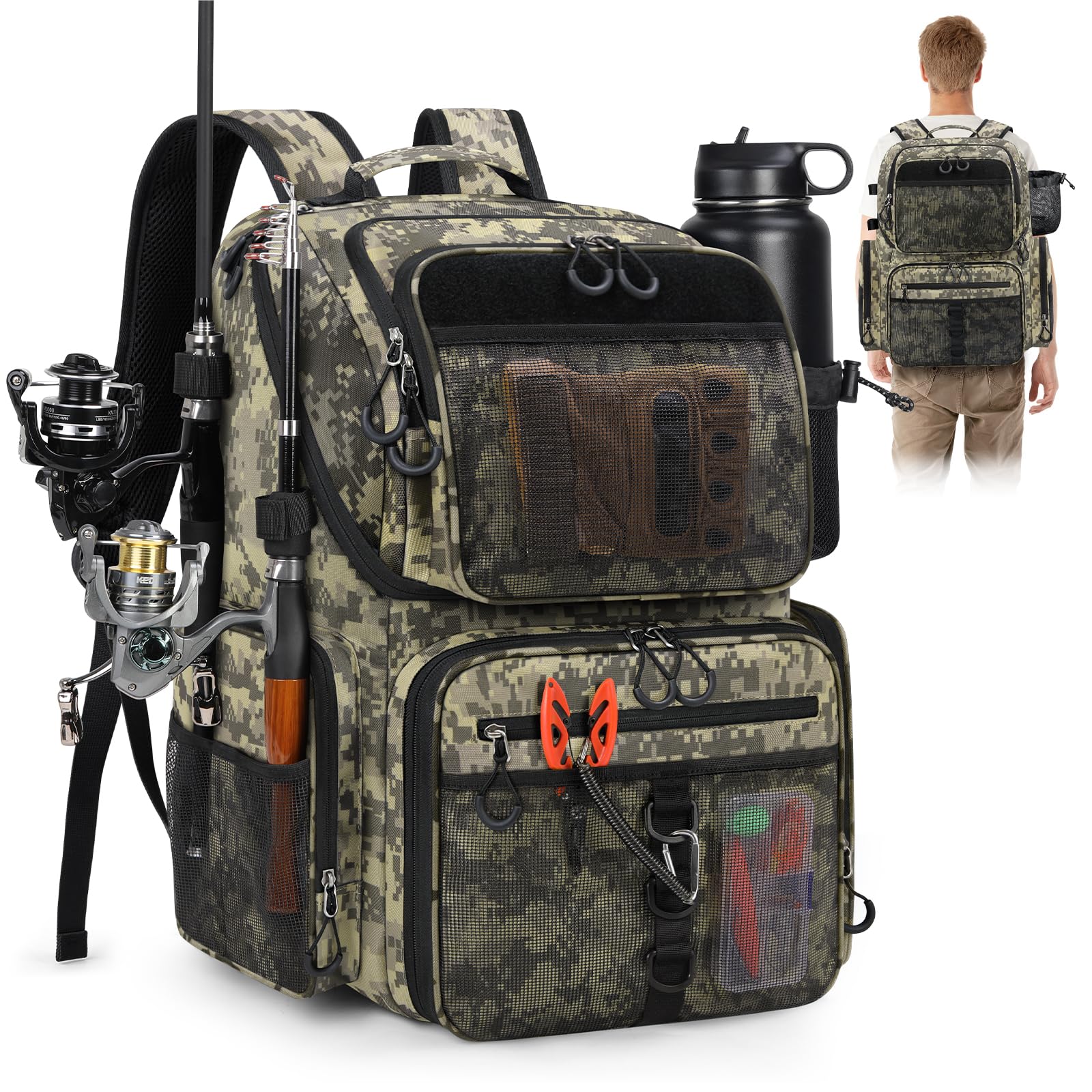 RAINSMORE 45L fishing backpack digital camouflage with waterproof protection for all-day angling sessions.