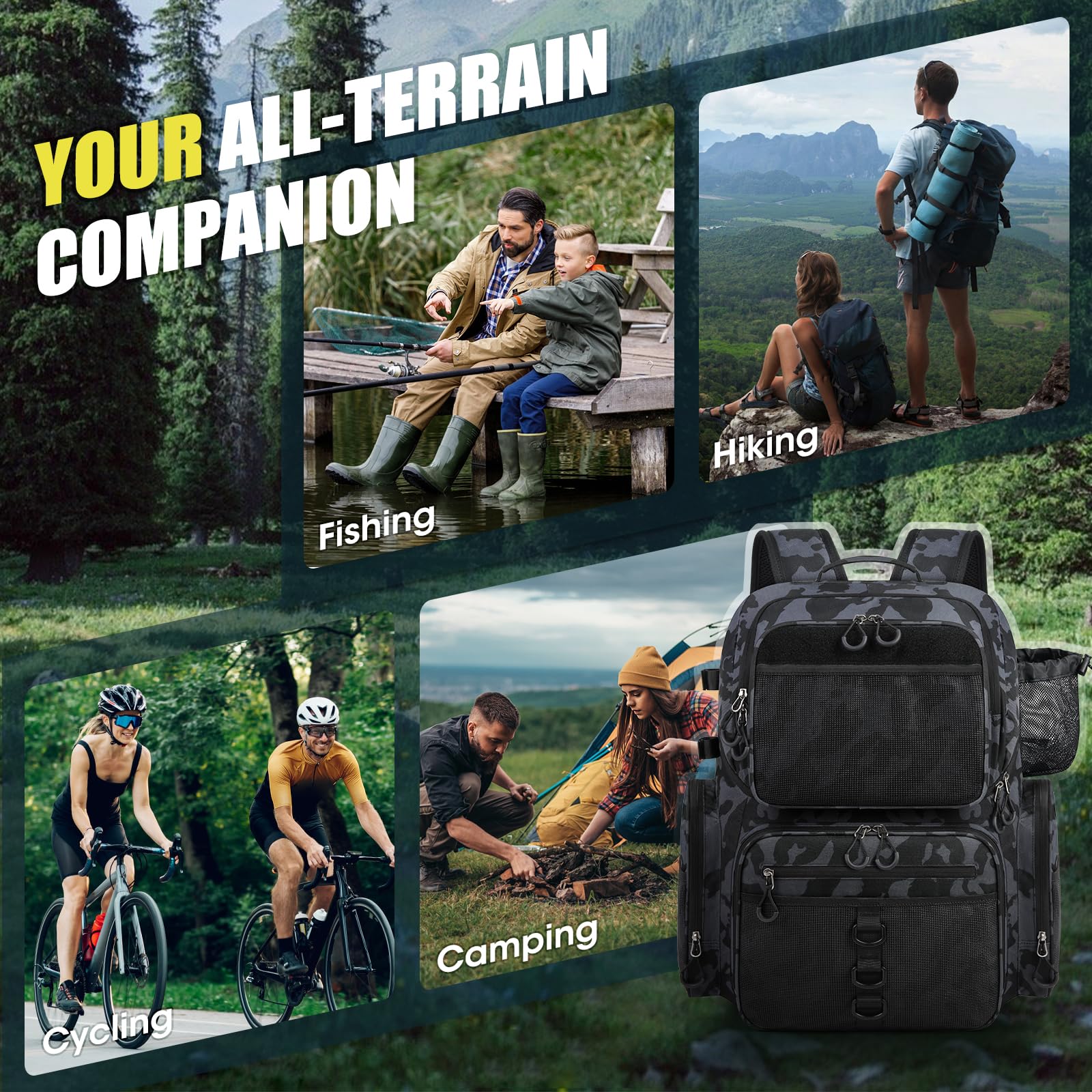 Technical details: 45L capacity, dimensions, and 900D fabric of RAINSMORE backpack