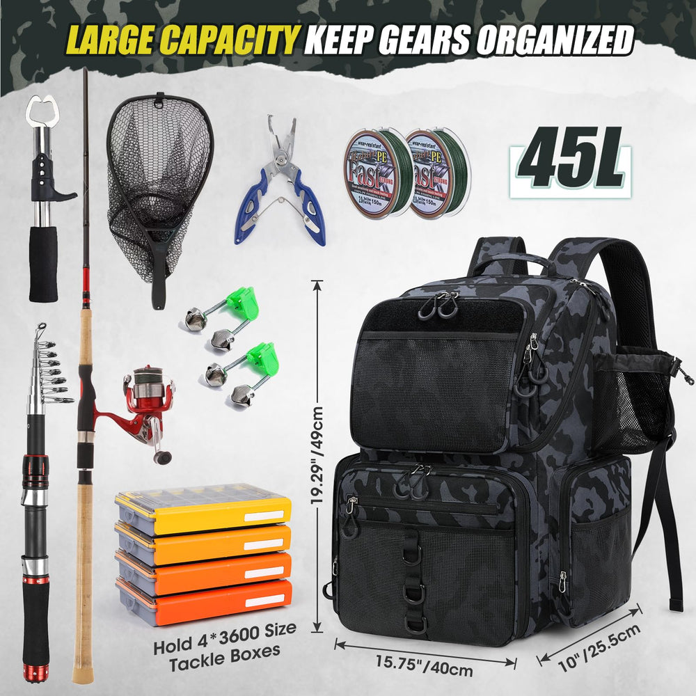Side view of RAINSMORE 45L fishing backpack showing pockets and durable material
