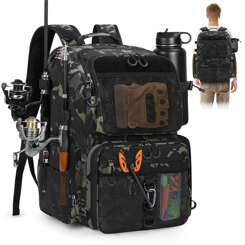 RAINSMORE 45L fishing backpack with waterproof cover keeps gear dry during downpours.