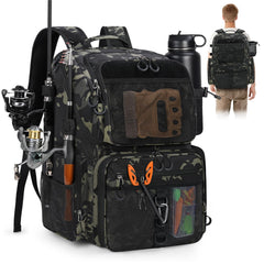 RAINSMORE 45L fishing backpack with waterproof cover keeps gear dry during downpours.