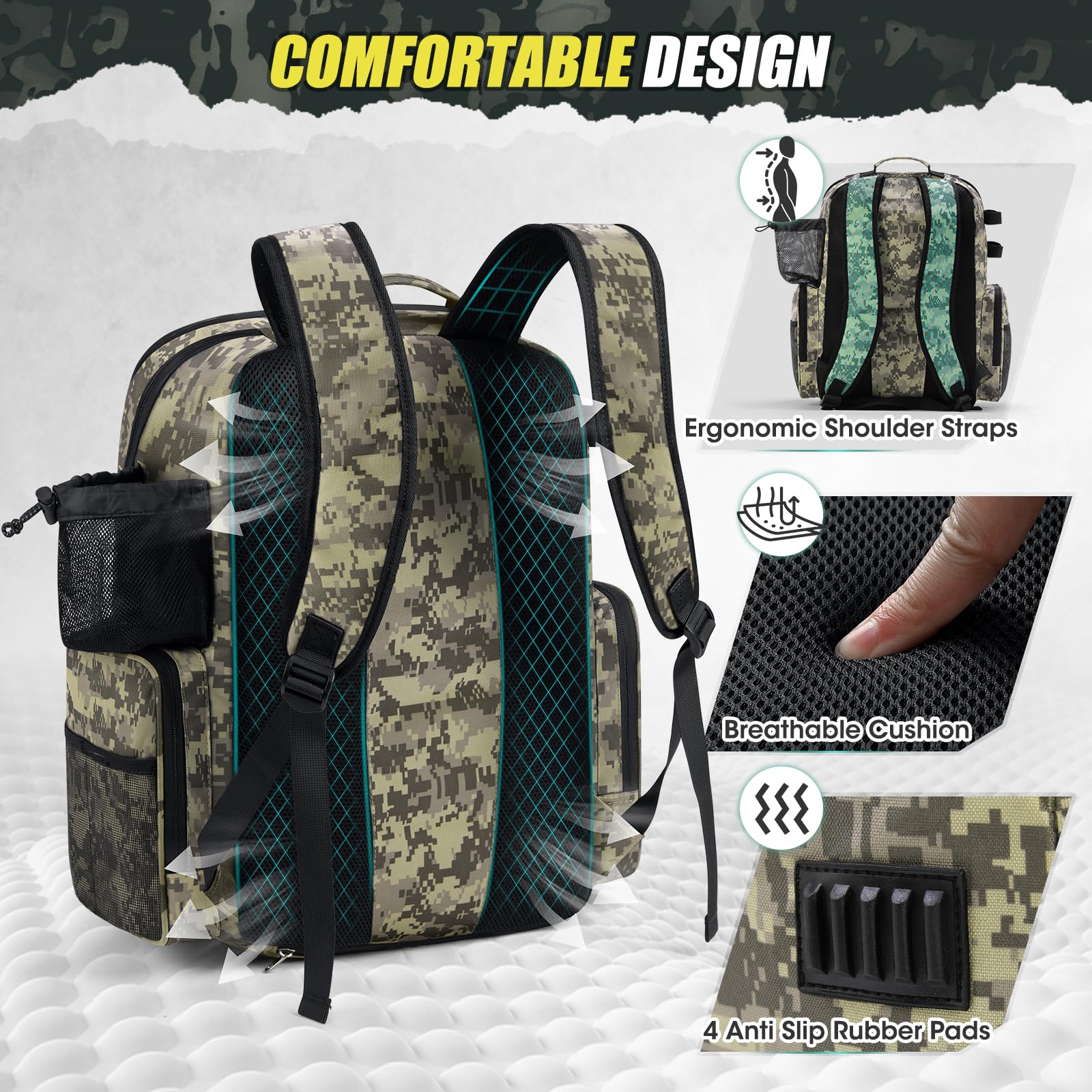 RAINSMORE bottom compartment fits four 3600-size tackle boxes for quick access.