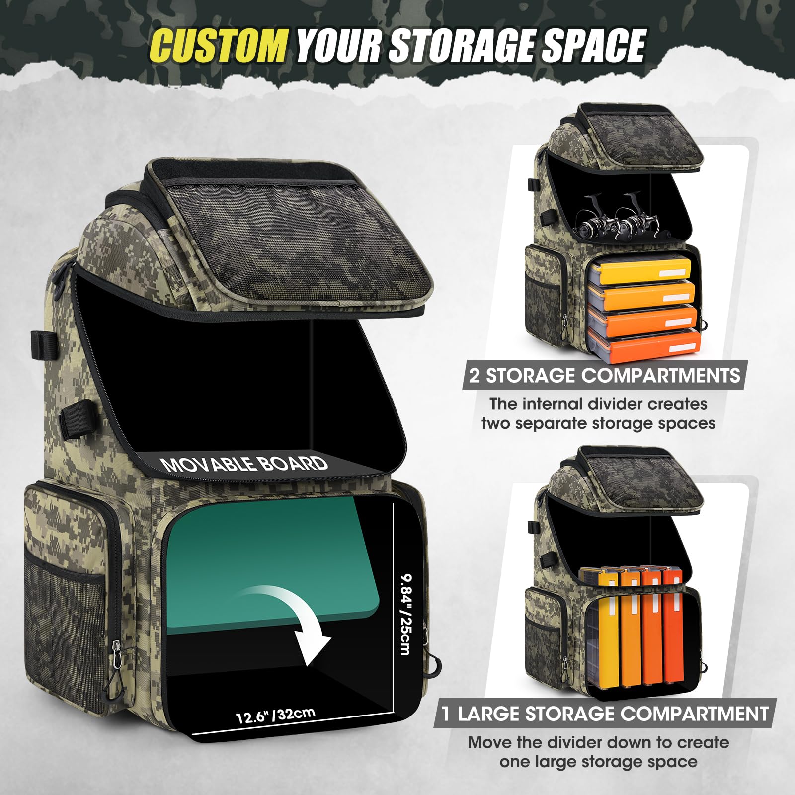 RAINSMORE 45L movable partition rearranges space for customized storage.