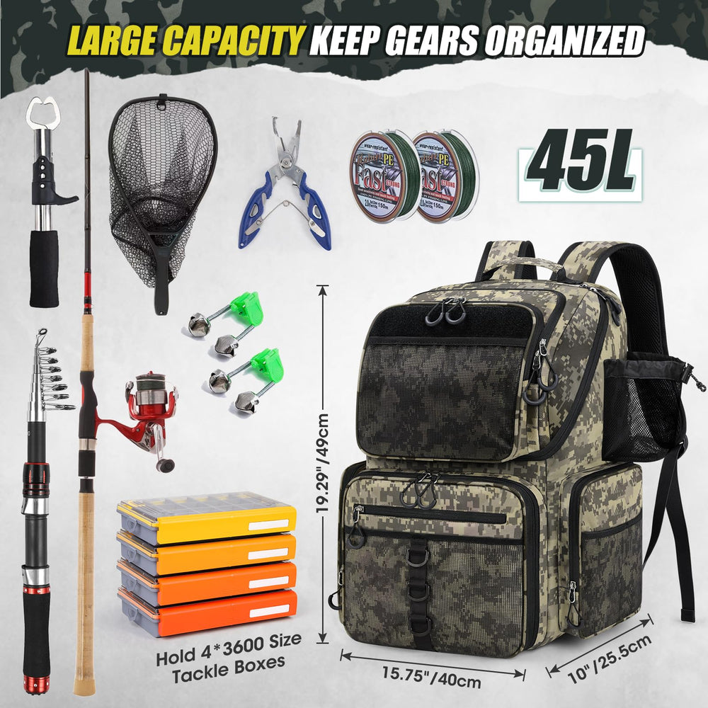 RAINSMORE 45L with rod holder keeps gear within reach during long days.