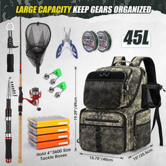 RAINSMORE 45L with rod holder keeps gear within reach during long days.