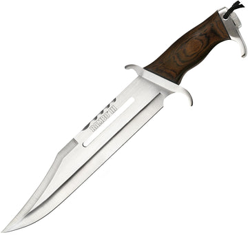 RAMBO III MC-RB3 hunting knife, 18-inch blade, anti-glare sighting slot, hardwood handle for reliable outdoor tasks.