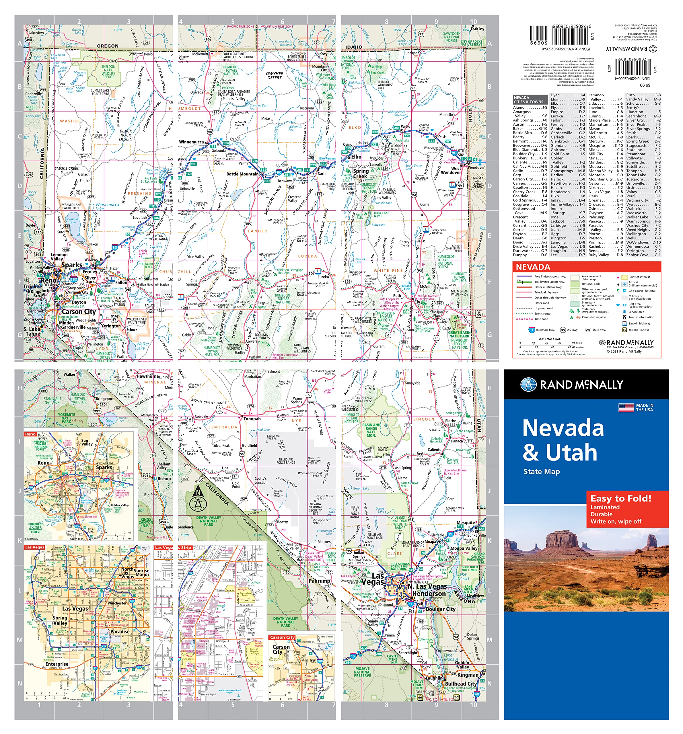 Rand McNally laminated surface close-up on the map, durable wipe-clean surface for repeated travel notes.