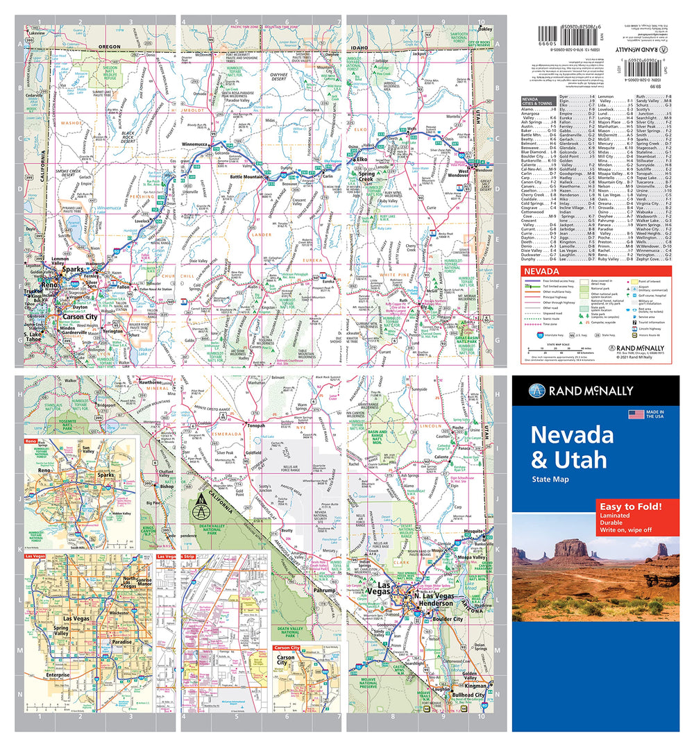Rand McNally laminated surface close-up on the map, durable wipe-clean surface for repeated travel notes.