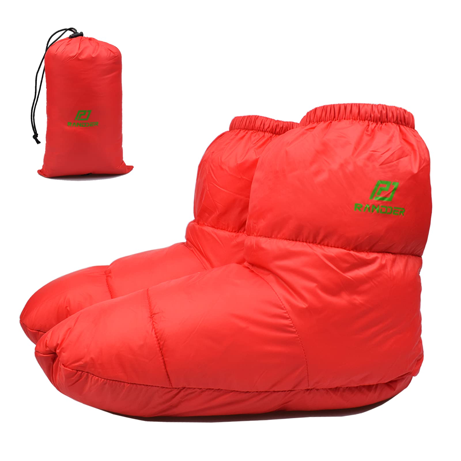 RANDDER down booties in red offer warm sleeping comfort for camping