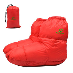 RANDDER down booties in red offer warm sleeping comfort for camping