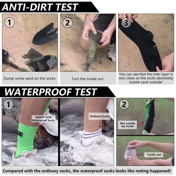 RANDY SUN hiking gear on muddy trail scene demonstrates waterproof endurance.