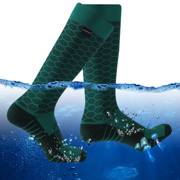RANDY SUN knee-high waterproof socks in green and black close-up for dry feet during muddy hikes.