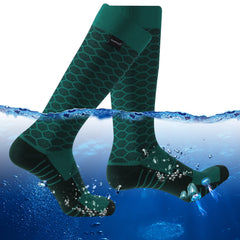 RANDY SUN knee-high waterproof socks in green and black close-up for dry feet during muddy hikes.