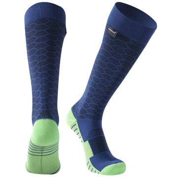 RANDY SUN knee-length waterproof hiking sock in green-navy, front view for trekking comfort.