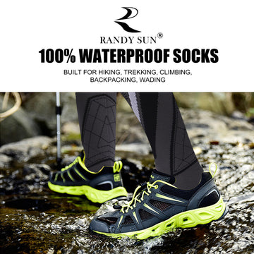 RANDY SUN knee-length waterproof socks inside boot during warm, dry trekking.