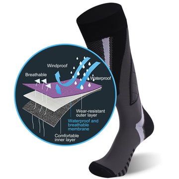 RANDY SUN knee-length waterproof socks side view shows snug fit and blister protection.