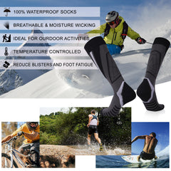 RANDY SUN knee-length waterproof socks on rugged terrain demonstrate all-weather performance.