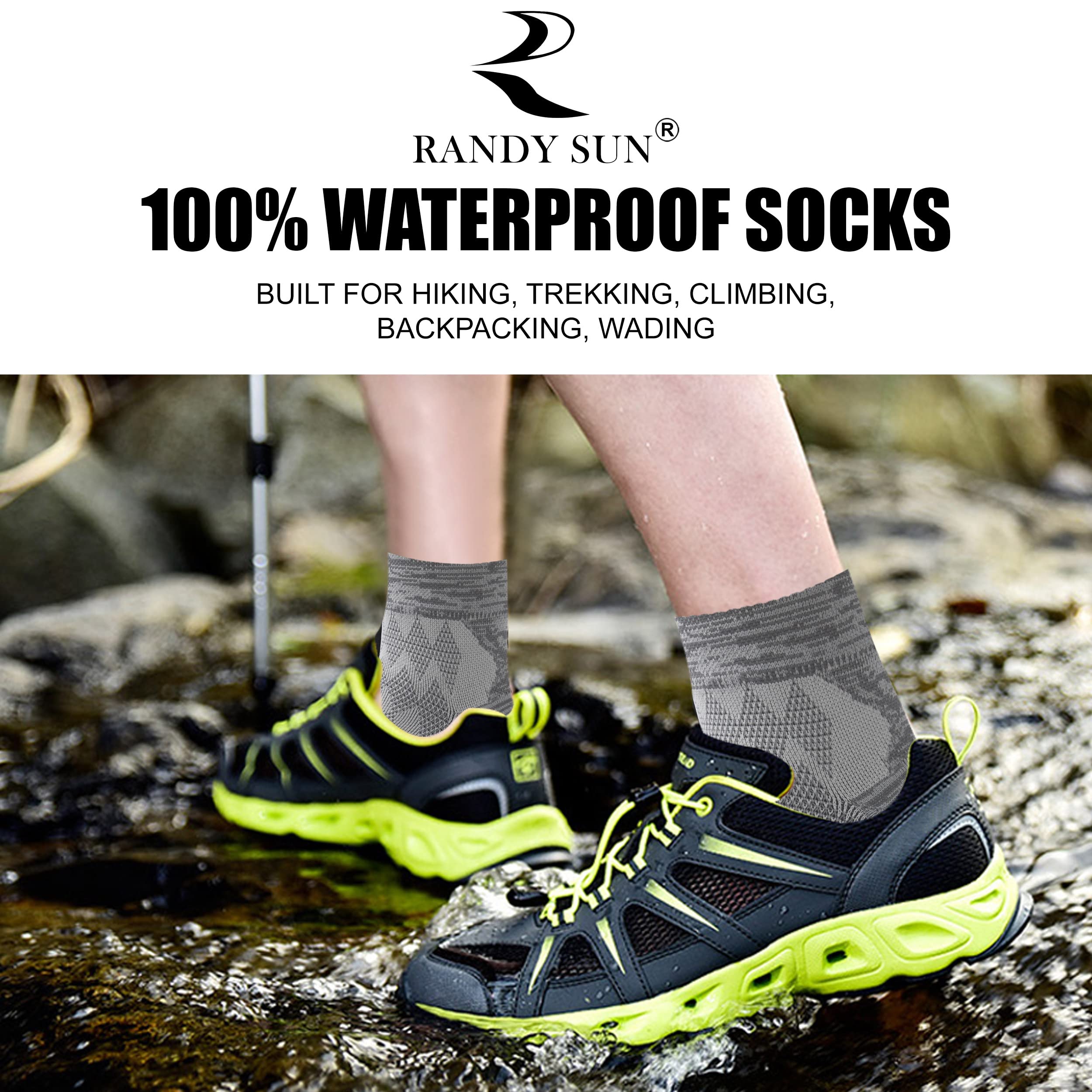 RANDY SUN gray membrane sock shows breathable protection during wet trails.