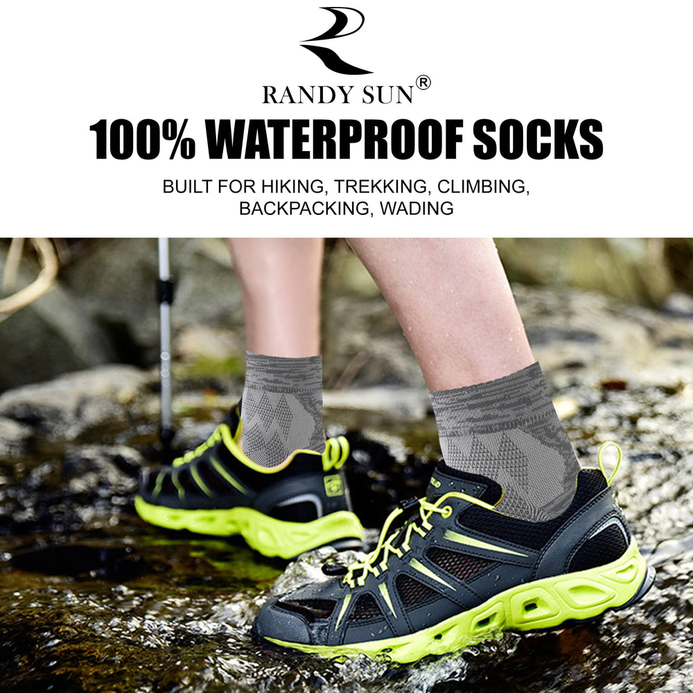 RANDY SUN gray membrane sock shows breathable protection during wet trails.