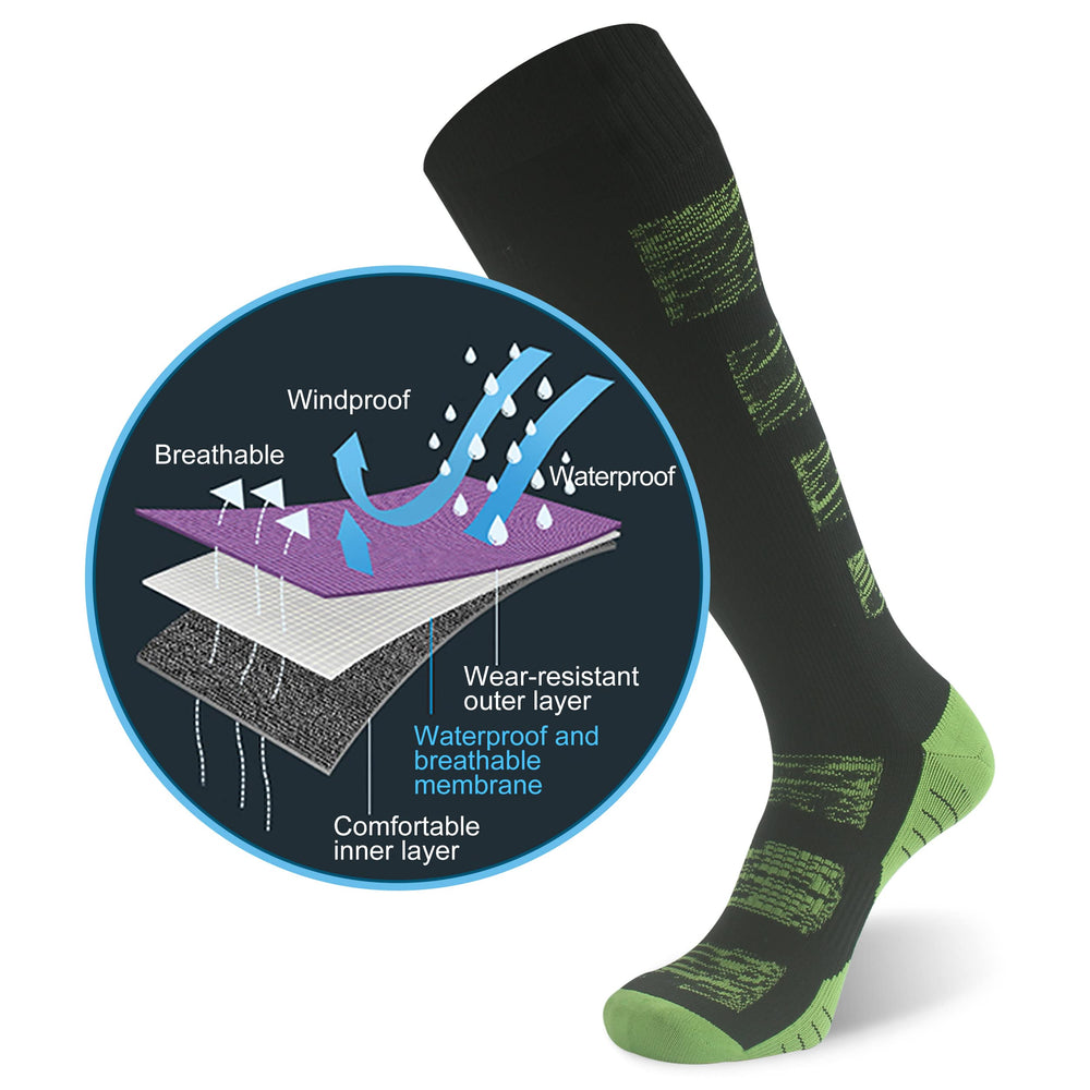 RANDY SUN knee-high waterproof socks full-leg view showing stay-dry protection on wet trails.