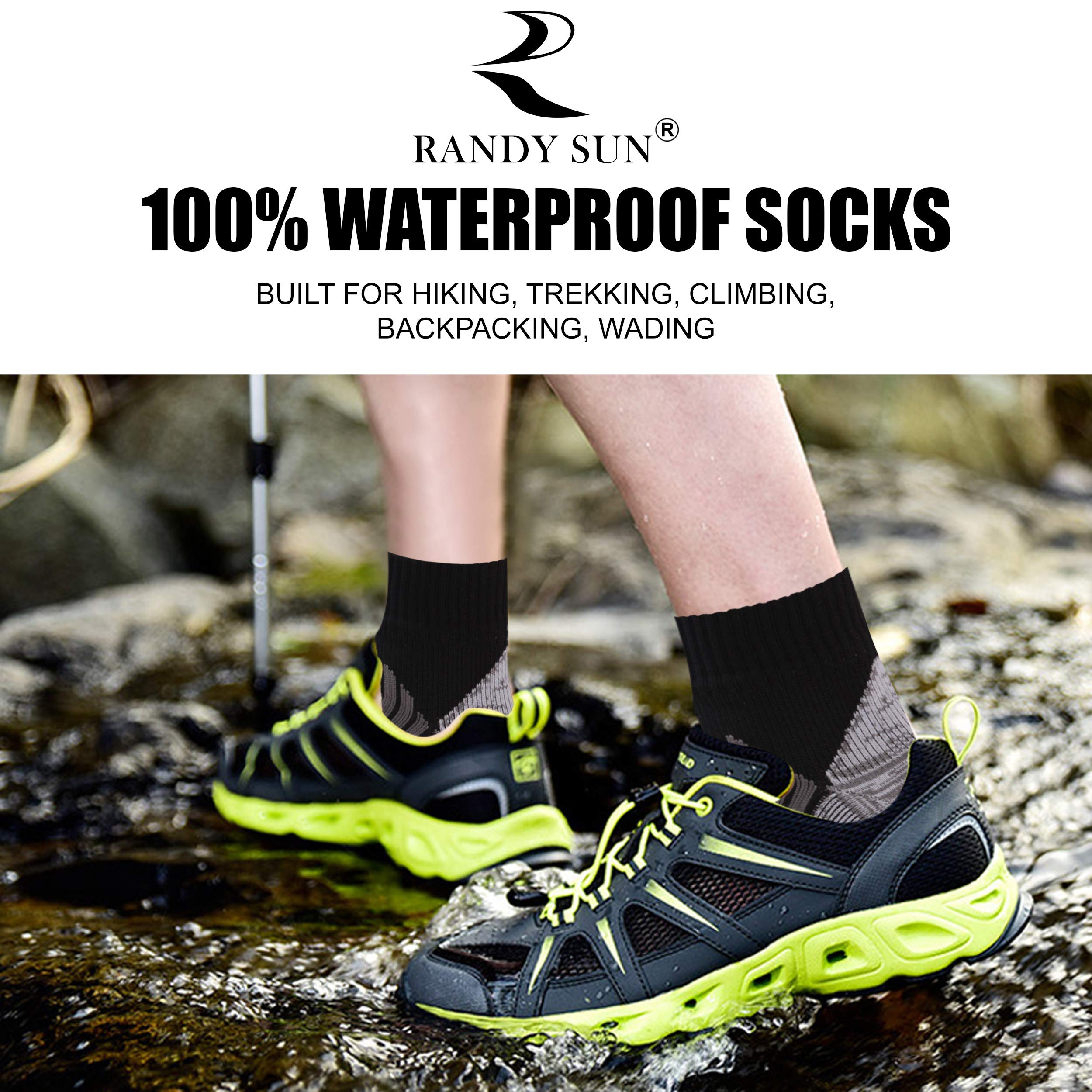 RANDY SUN waterproof hiking socks membrane technology promotes breathability and moisture wicking.