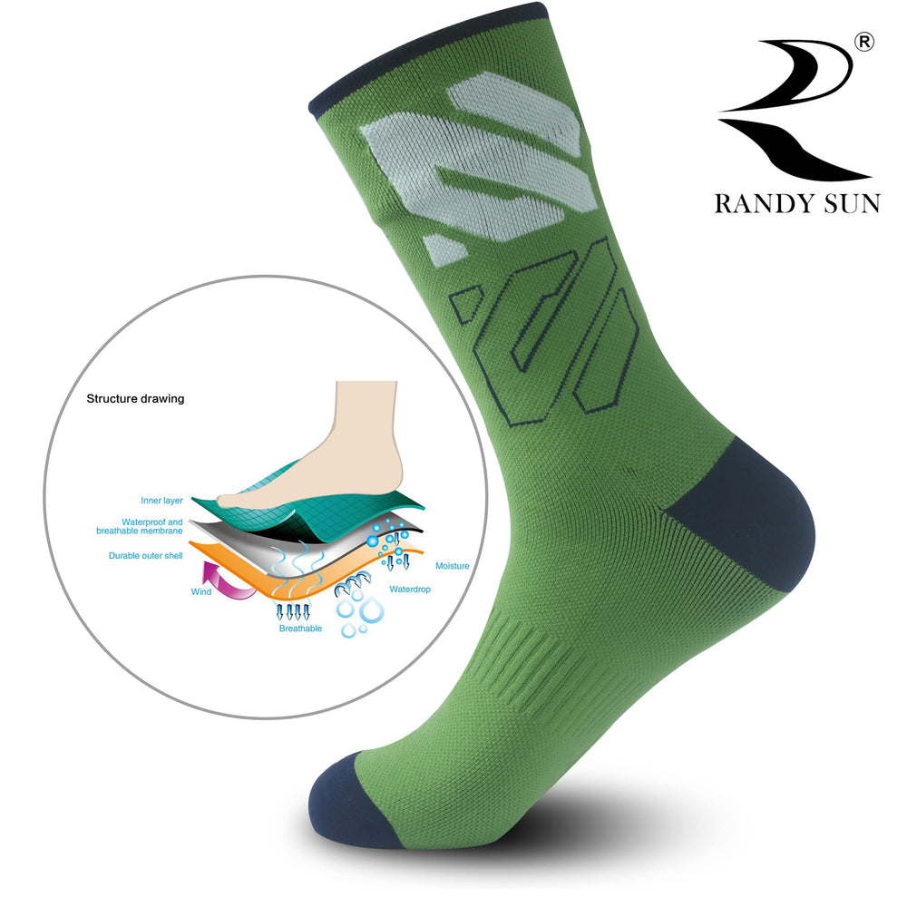RANDY SUN waterproof socks green cuff closeup shows three-layer waterproof-breathable construction.