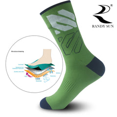 RANDY SUN waterproof socks green cuff closeup shows three-layer waterproof-breathable construction.