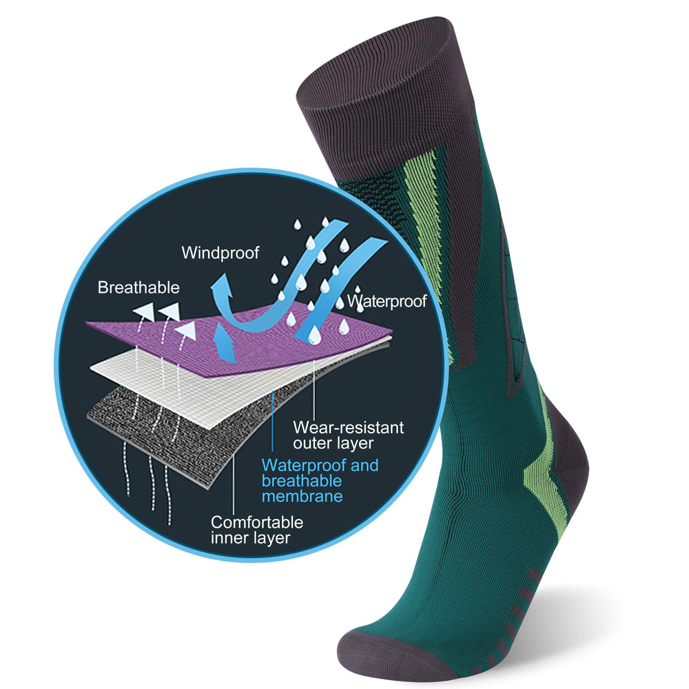 RANDY SUN knee-high waterproof socks in green gray aid hiking in wet conditions.