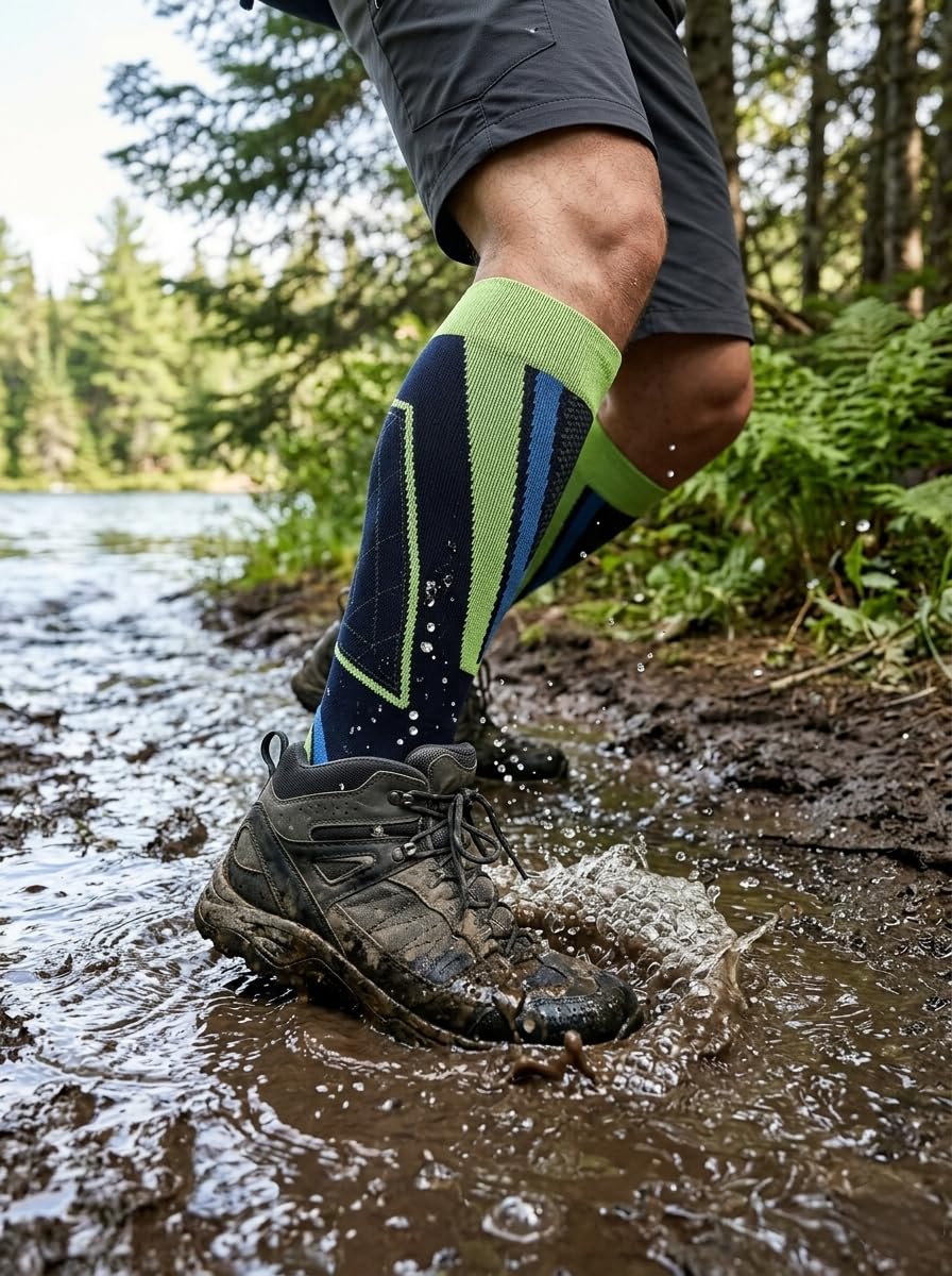 RANDY SUN waterproof knee-high socks green-navy side view designed to stay in place