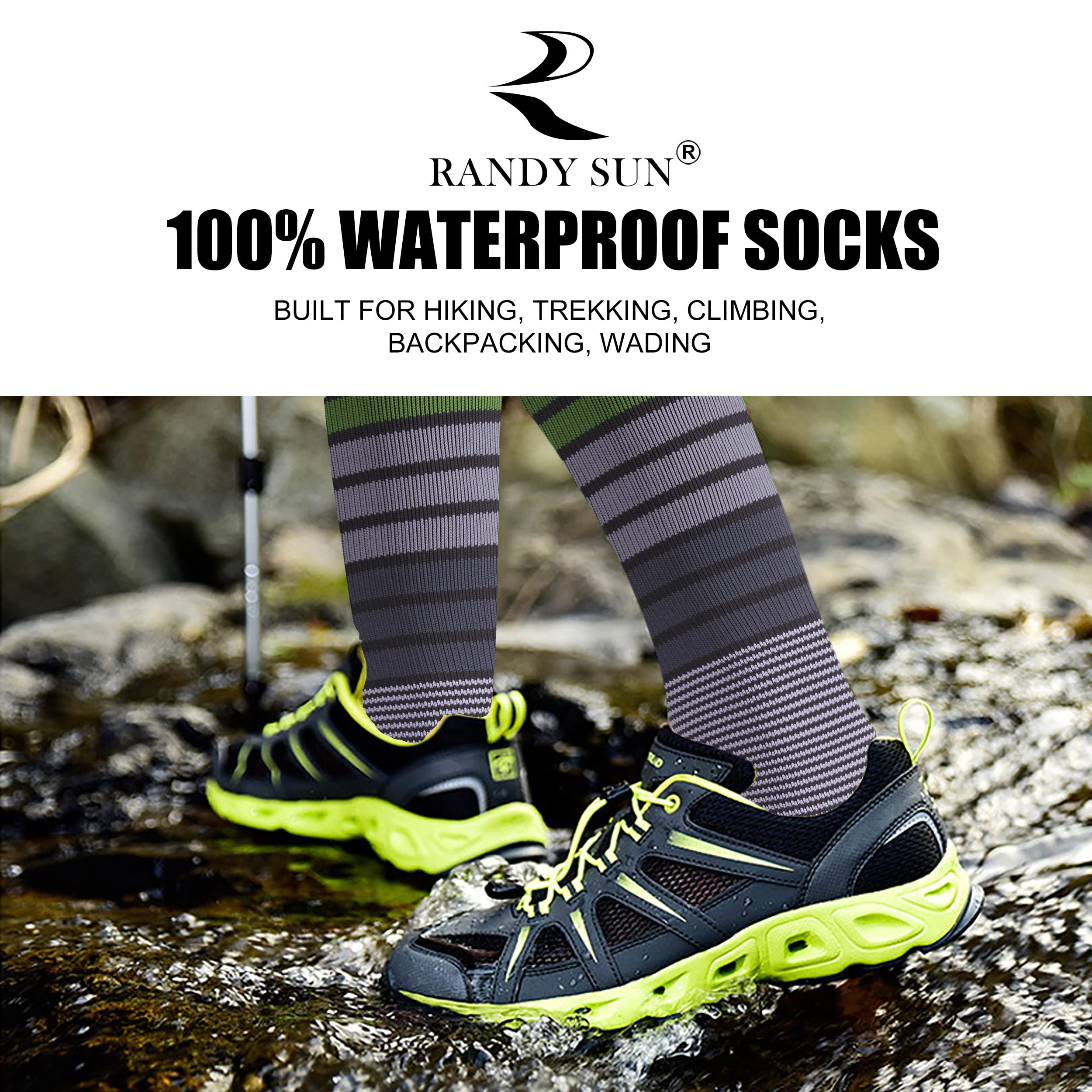 RANDY SUN waterproof socks, cuff view, secure fit for active winter outdoor wear.