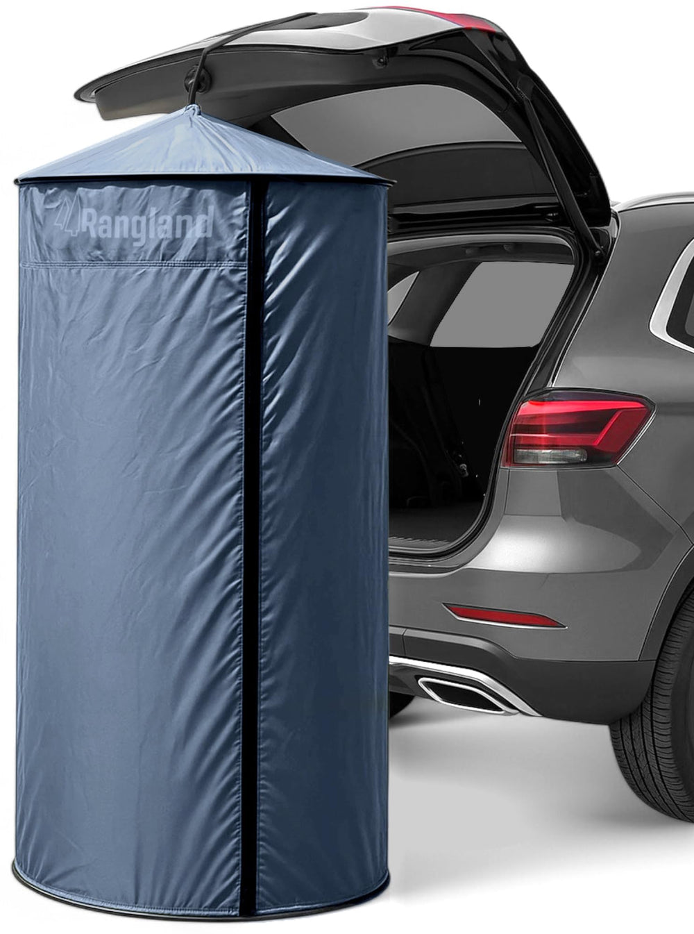 RANGLAND instant-changing tent attached to SUV trunk enables quick beach privacy