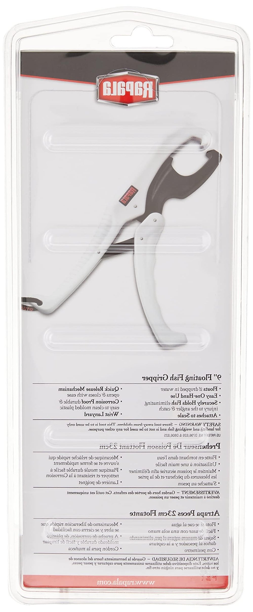 Rapala 9-inch Floating Fish Gripper white and black - side view with wrist lanyard