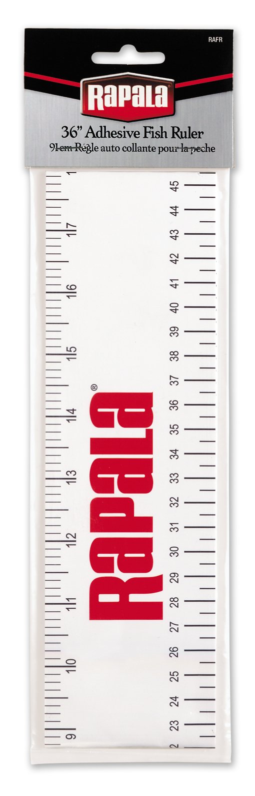 Rapala 36-inch adhesive fish ruler mounted on a boat for quick measurements