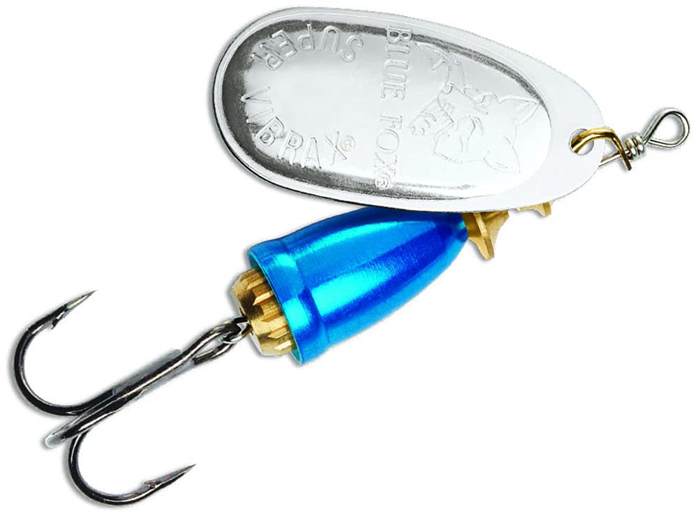 Rapala Blue Fox Vibrax 01 plated lure with shining blade and rattling action for attracting bites.